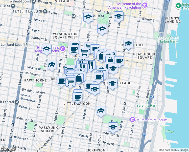 map of restaurants, bars, coffee shops, grocery stores, and more near 769 South Sheridan Street in Philadelphia