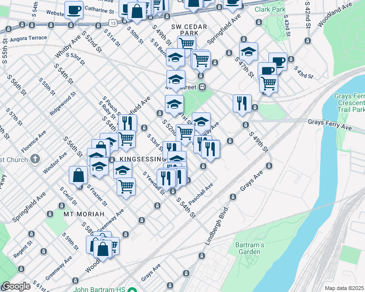 map of restaurants, bars, coffee shops, grocery stores, and more near 1436 South 52nd Street in Philadelphia