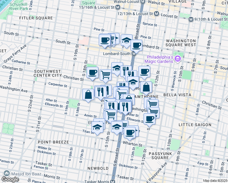 map of restaurants, bars, coffee shops, grocery stores, and more near 922 South 15th Street in Philadelphia
