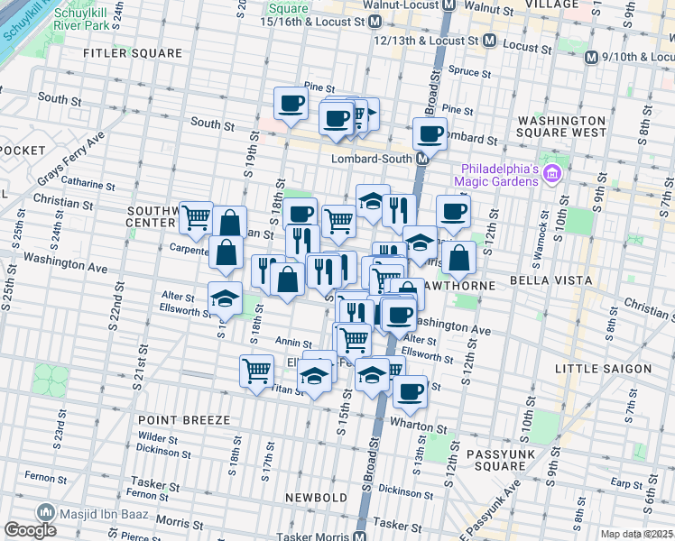 map of restaurants, bars, coffee shops, grocery stores, and more near 919 South 16th Street in Philadelphia