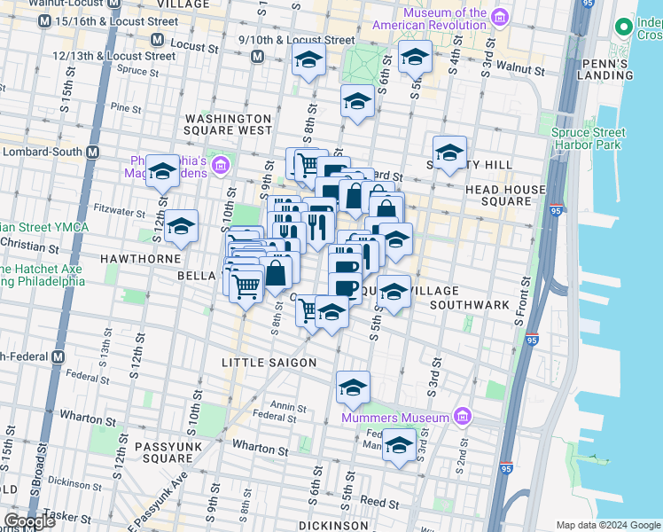 map of restaurants, bars, coffee shops, grocery stores, and more near 769 South Sheridan Street in Philadelphia