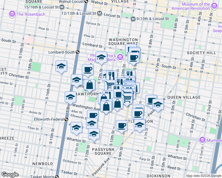 map of restaurants, bars, coffee shops, grocery stores, and more near in Philadelphia