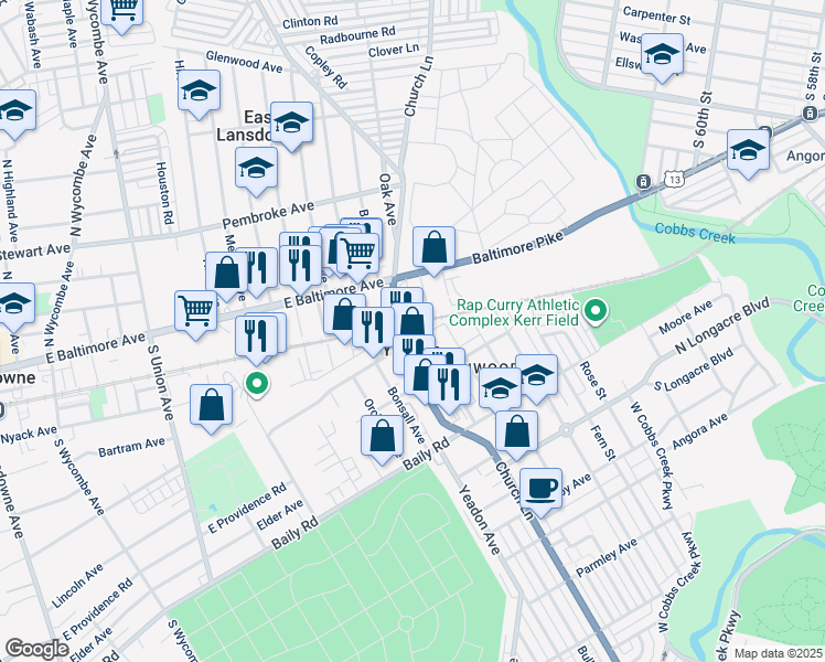 map of restaurants, bars, coffee shops, grocery stores, and more near 402 Holly Road in Yeadon