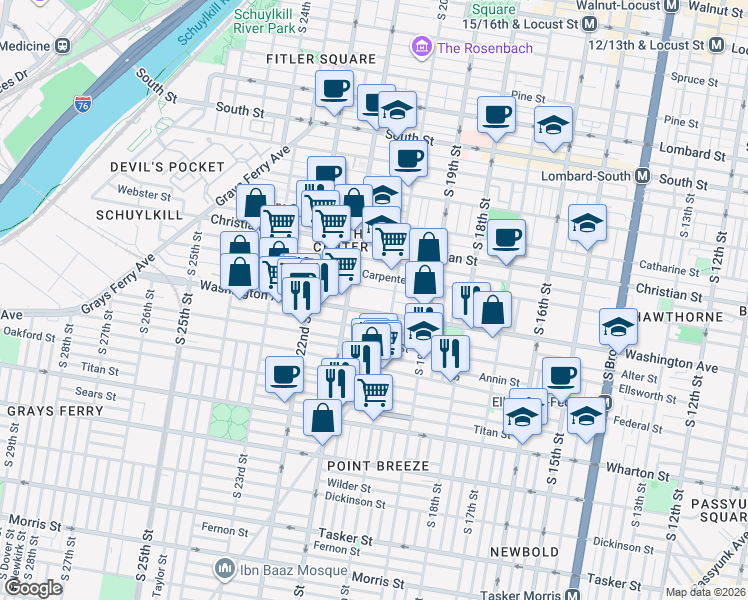 map of restaurants, bars, coffee shops, grocery stores, and more near in Philadelphia