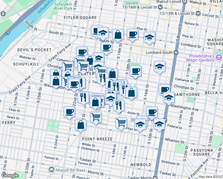 map of restaurants, bars, coffee shops, grocery stores, and more near 1016 South 19th Street in Philadelphia