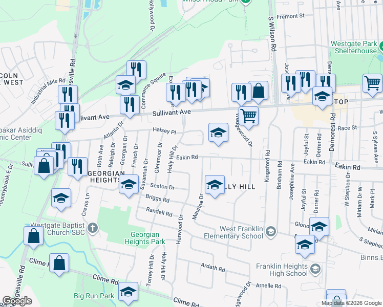 map of restaurants, bars, coffee shops, grocery stores, and more near 3869 Eakin Road in Columbus