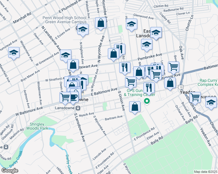 map of restaurants, bars, coffee shops, grocery stores, and more near 114 East Baltimore Avenue in Lansdowne