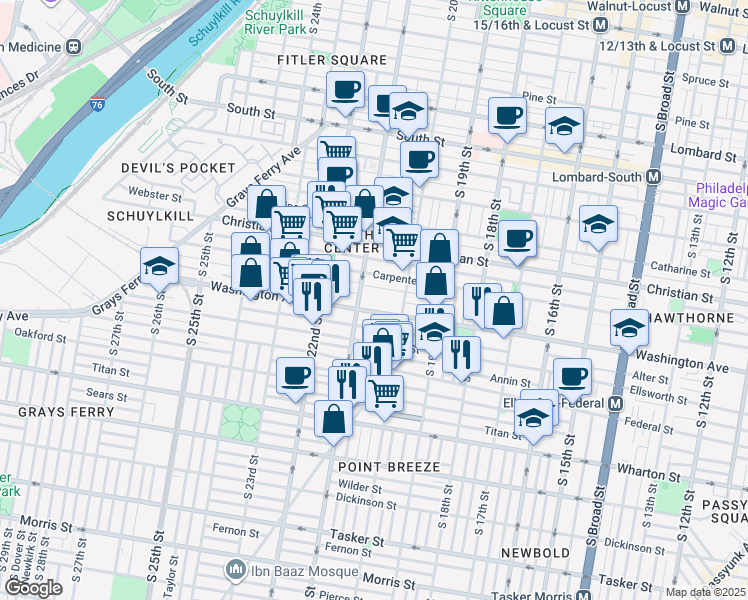 map of restaurants, bars, coffee shops, grocery stores, and more near in Philadelphia