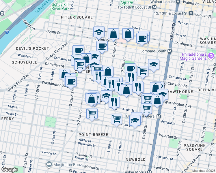 map of restaurants, bars, coffee shops, grocery stores, and more near 1016 South 19th Street in Philadelphia