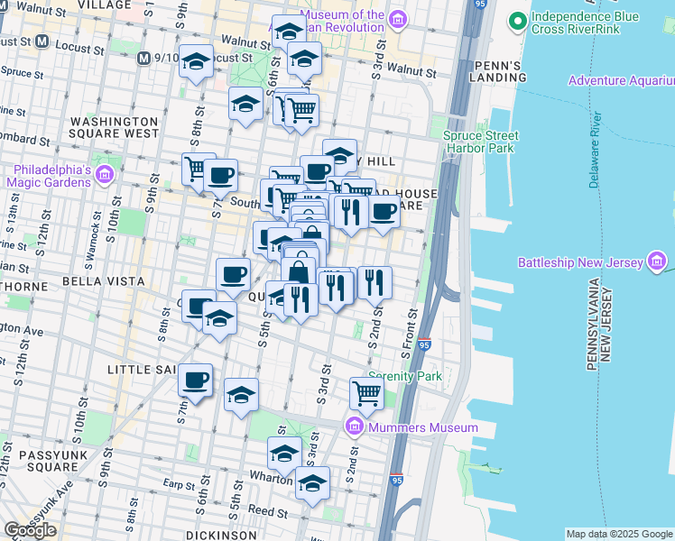 map of restaurants, bars, coffee shops, grocery stores, and more near 304 Monroe Street in Philadelphia