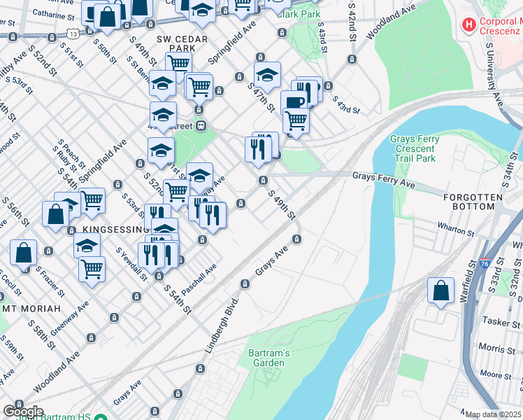 map of restaurants, bars, coffee shops, grocery stores, and more near 4926 Saybrook Avenue in Philadelphia