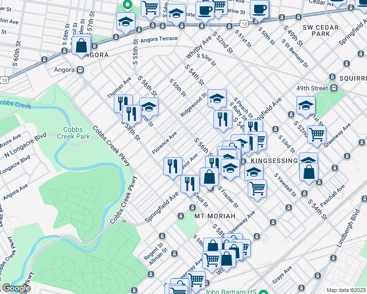 map of restaurants, bars, coffee shops, grocery stores, and more near 5638 Litchfield Street in Philadelphia