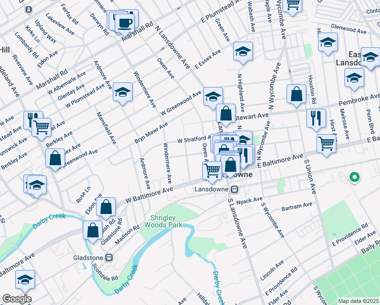 map of restaurants, bars, coffee shops, grocery stores, and more near 63 West Lacrosse Avenue in Lansdowne