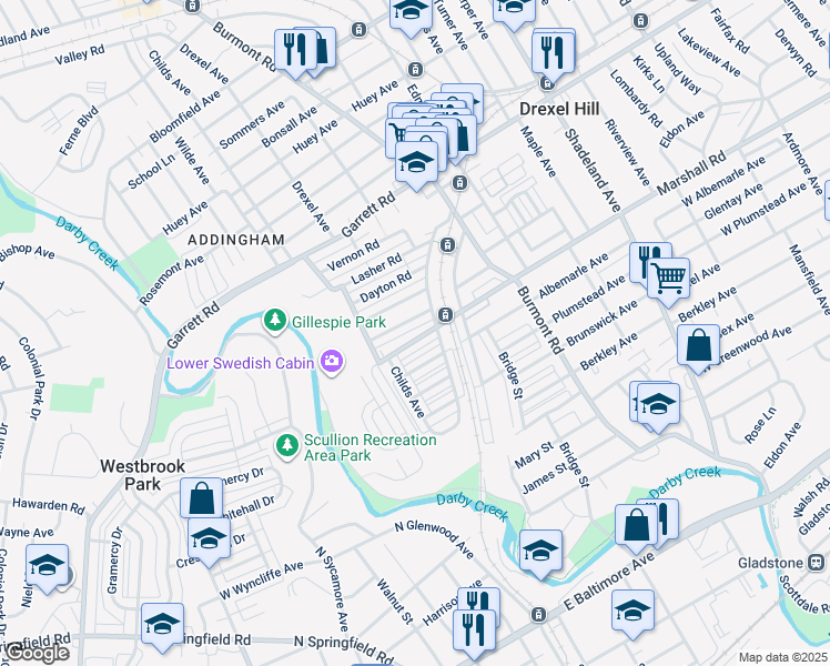 map of restaurants, bars, coffee shops, grocery stores, and more near 4017 Marshall Road in Drexel Hill