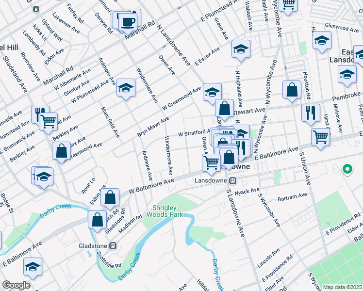 map of restaurants, bars, coffee shops, grocery stores, and more near 75 West Lacrosse Avenue in Lansdowne