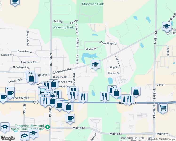 map of restaurants, bars, coffee shops, grocery stores, and more near 4012 Pine Ridge Drive in Quincy