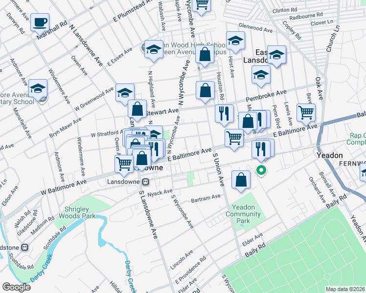 map of restaurants, bars, coffee shops, grocery stores, and more near 83 East Baltimore Avenue in Lansdowne