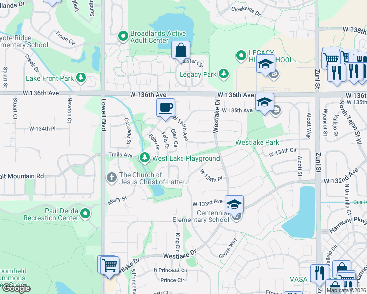 map of restaurants, bars, coffee shops, grocery stores, and more near 13415 Green Circle in Broomfield