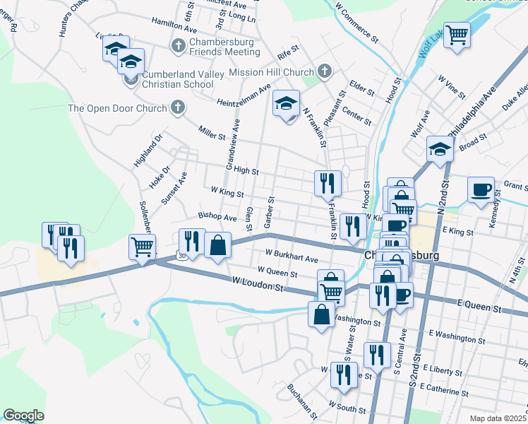 map of restaurants, bars, coffee shops, grocery stores, and more near 61 Garber Street in Chambersburg