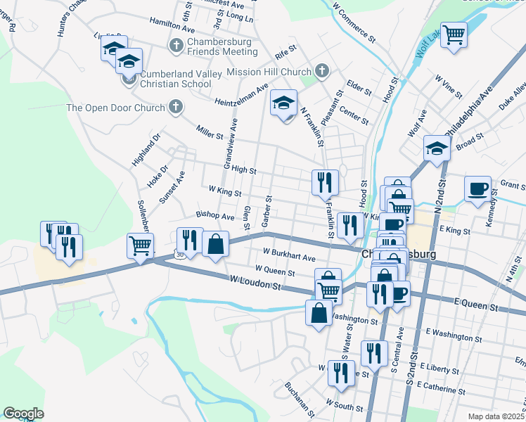 map of restaurants, bars, coffee shops, grocery stores, and more near 61 Garber Street in Chambersburg