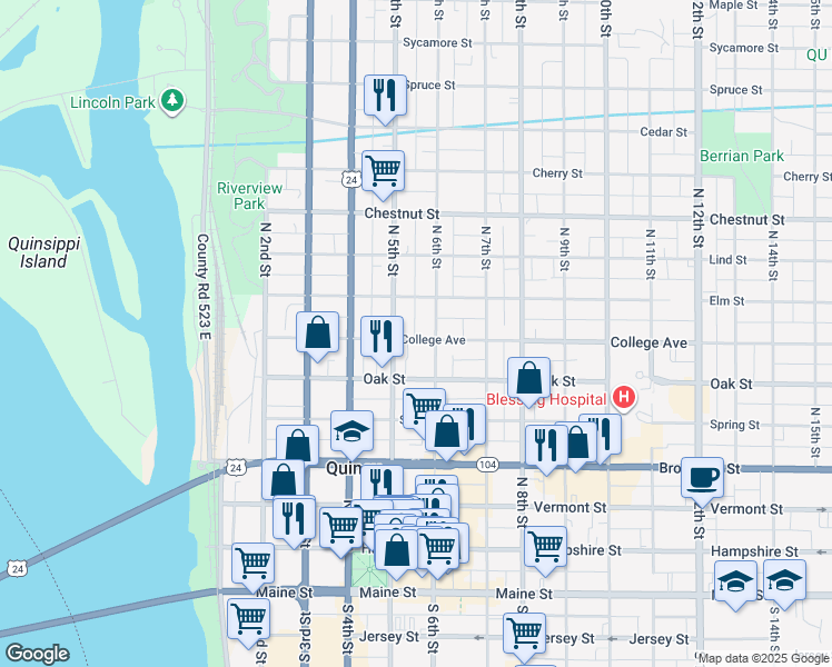 map of restaurants, bars, coffee shops, grocery stores, and more near 627 North 6th Street in Quincy