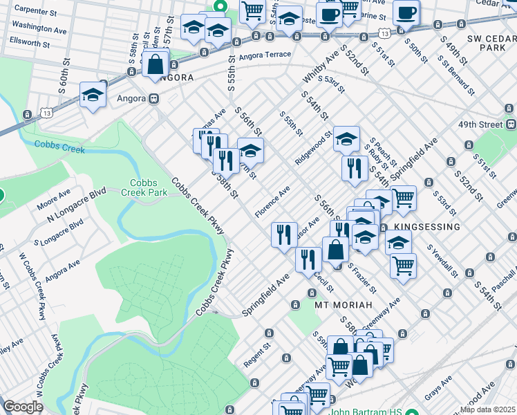 map of restaurants, bars, coffee shops, grocery stores, and more near 5733 Florence Avenue in Philadelphia