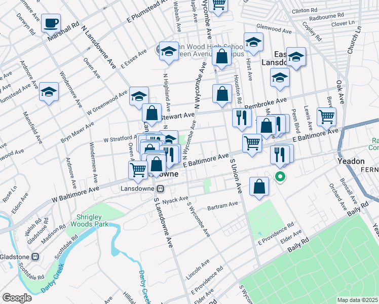 map of restaurants, bars, coffee shops, grocery stores, and more near 83 East Baltimore Avenue in Lansdowne