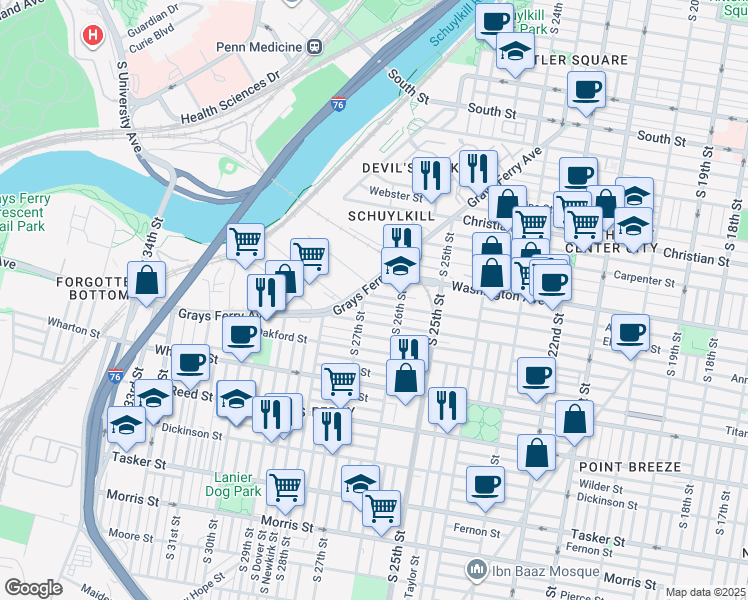 map of restaurants, bars, coffee shops, grocery stores, and more near 2614 Annin Street in Philadelphia