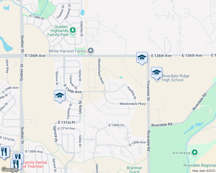 map of restaurants, bars, coffee shops, grocery stores, and more near Uinta Street in Thornton