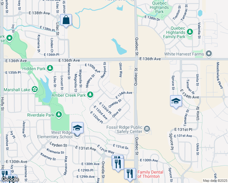 map of restaurants, bars, coffee shops, grocery stores, and more near 13391 Oneida Street in Thornton