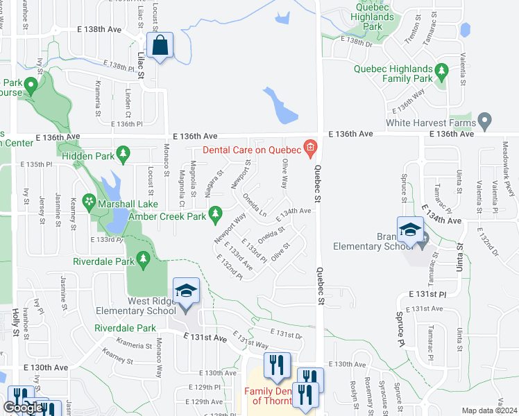 map of restaurants, bars, coffee shops, grocery stores, and more near 13345 Newport Circle in Thornton