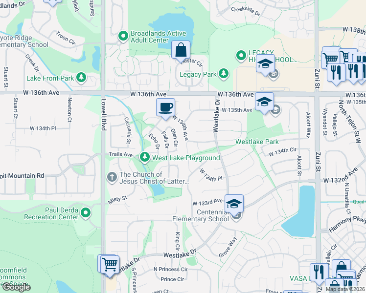 map of restaurants, bars, coffee shops, grocery stores, and more near 13415 Green Circle in Broomfield