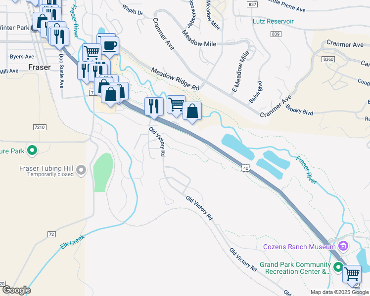 map of restaurants, bars, coffee shops, grocery stores, and more near 62 Meadow Trail in Parshall