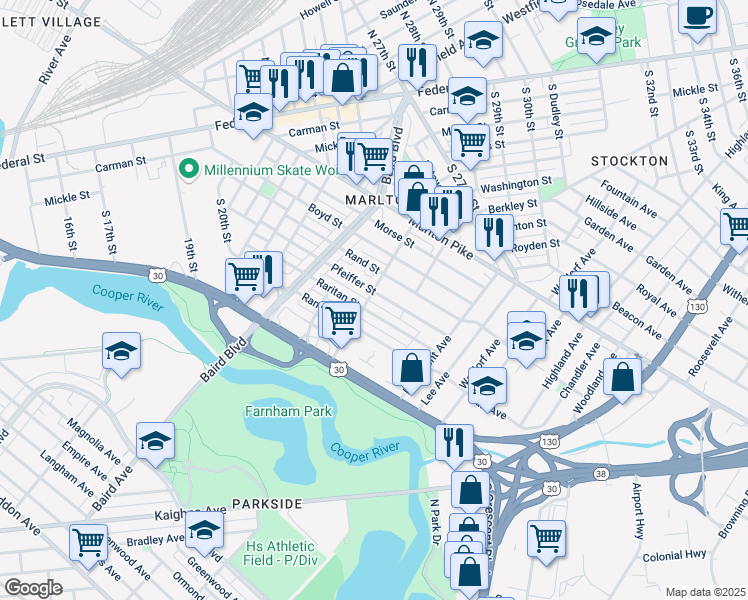 map of restaurants, bars, coffee shops, grocery stores, and more near 557 Raritan Street in Camden