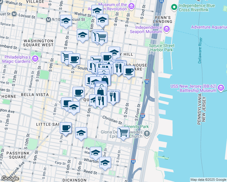 map of restaurants, bars, coffee shops, grocery stores, and more near 307 Fitzwater Street in Philadelphia