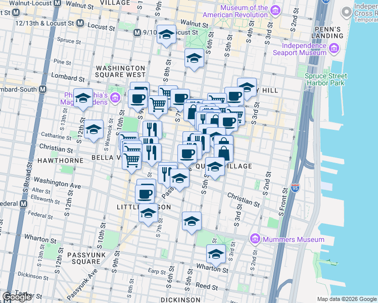map of restaurants, bars, coffee shops, grocery stores, and more near 785 South 6th Street in Philadelphia