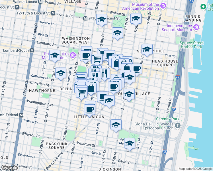 map of restaurants, bars, coffee shops, grocery stores, and more near 641 Catharine Street in Philadelphia
