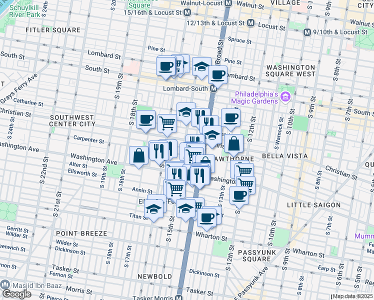 map of restaurants, bars, coffee shops, grocery stores, and more near 1001 South 15th Street in Philadelphia