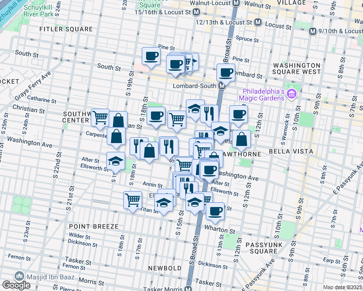 map of restaurants, bars, coffee shops, grocery stores, and more near 1500 Carpenter Street in Philadelphia