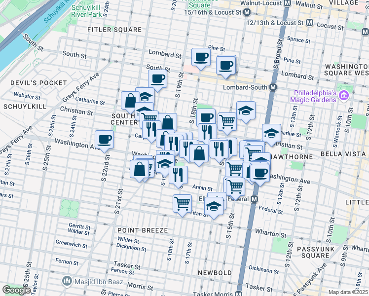 map of restaurants, bars, coffee shops, grocery stores, and more near 1035 South Bouvier Street in Philadelphia