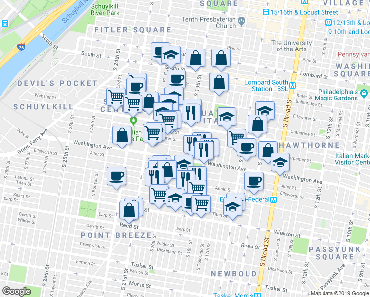 map of restaurants, bars, coffee shops, grocery stores, and more near in Philadelphia