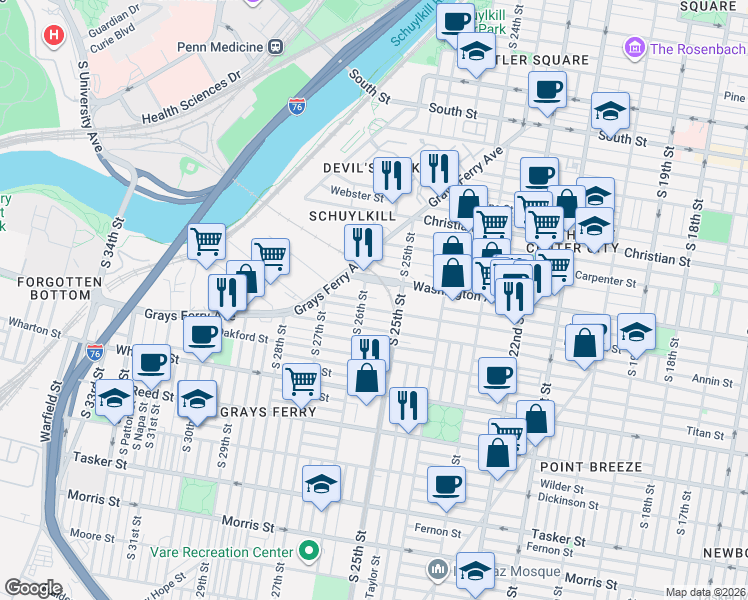 map of restaurants, bars, coffee shops, grocery stores, and more near in Philadelphia
