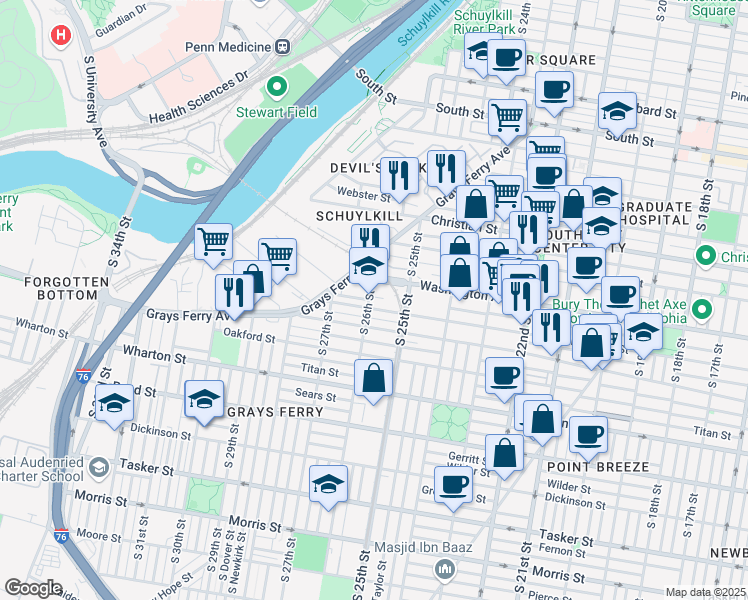 map of restaurants, bars, coffee shops, grocery stores, and more near in Philadelphia