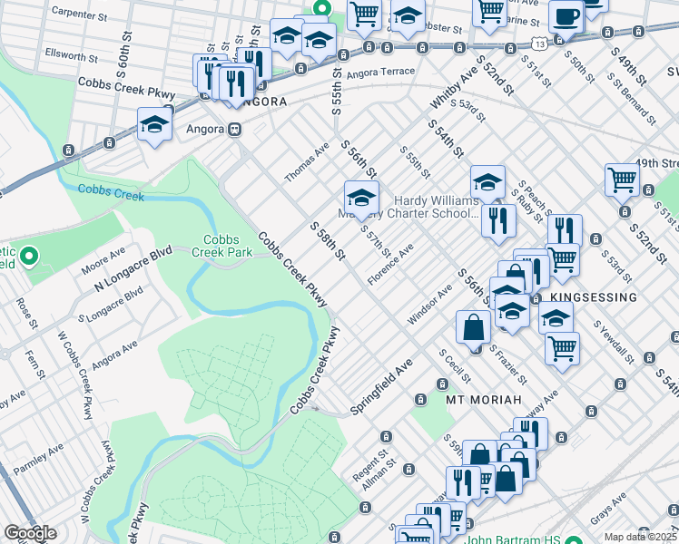 map of restaurants, bars, coffee shops, grocery stores, and more near 5837 Pentridge Street in Philadelphia