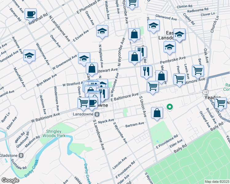 map of restaurants, bars, coffee shops, grocery stores, and more near 83 East Baltimore Avenue in Lansdowne