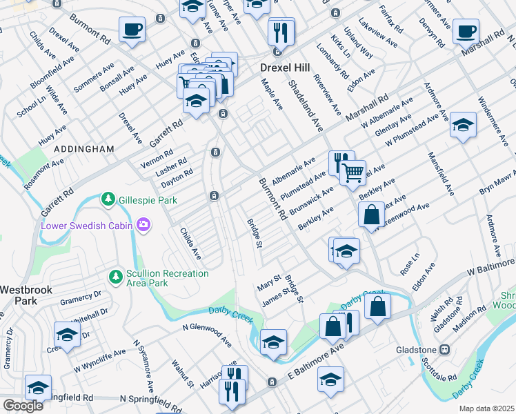 map of restaurants, bars, coffee shops, grocery stores, and more near 3842 Plumstead Avenue in Drexel Hill