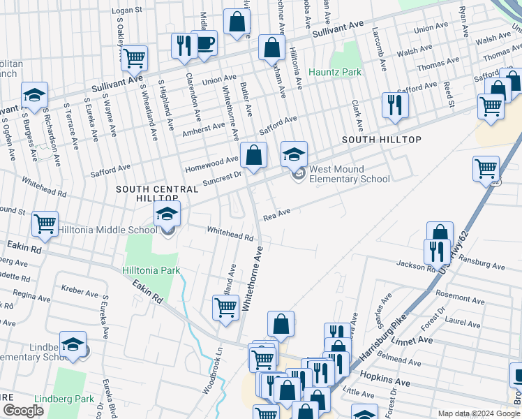map of restaurants, bars, coffee shops, grocery stores, and more near 2105 Rea Avenue in Columbus