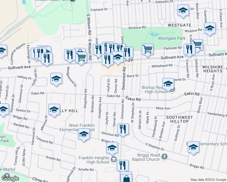 map of restaurants, bars, coffee shops, grocery stores, and more near 3483 Eakin Road in Columbus