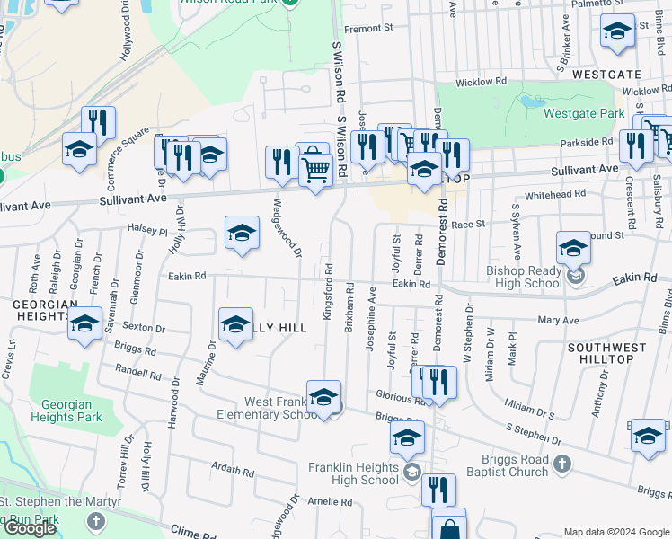 map of restaurants, bars, coffee shops, grocery stores, and more near 3579 Eakin Road in Columbus