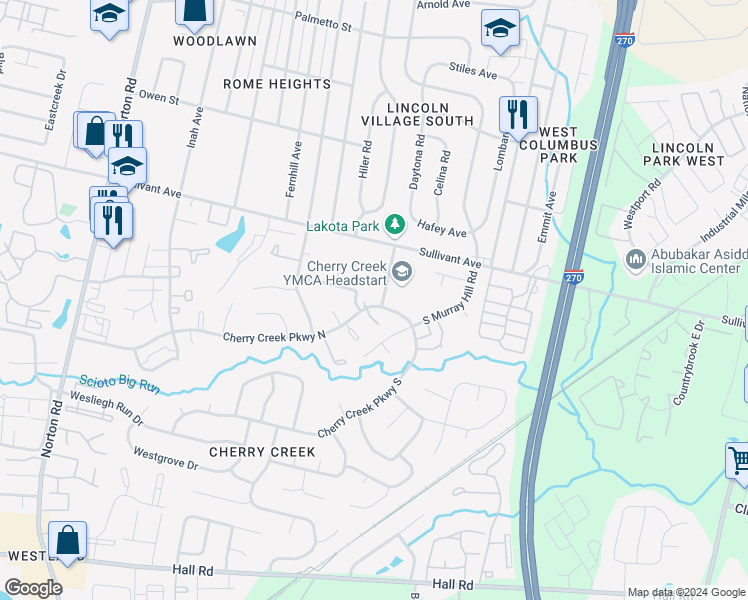 map of restaurants, bars, coffee shops, grocery stores, and more near 4873 Cherry Creek Parkway North in Columbus
